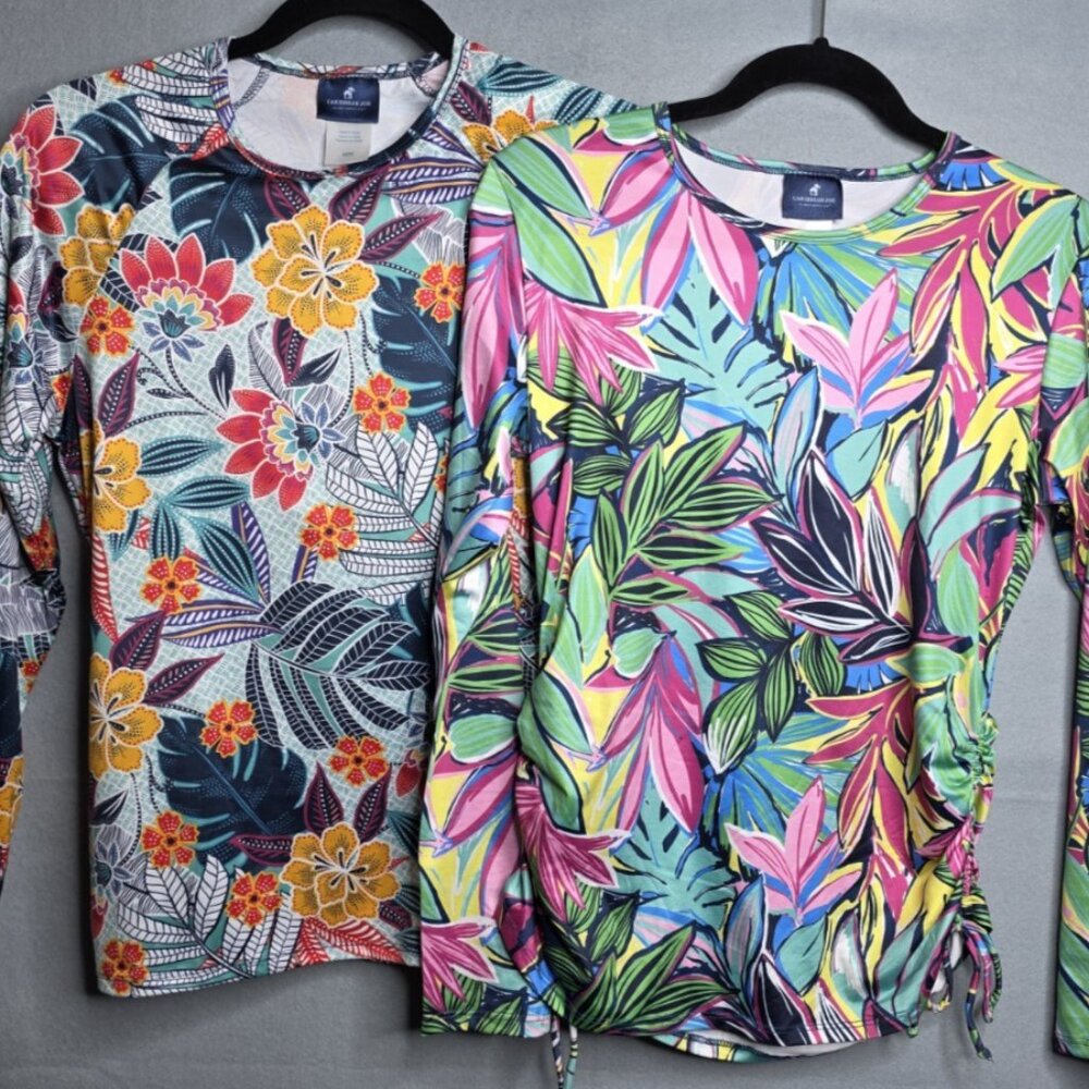 2 Caribbean Joe Tropical Floral Swim Coverup Womens Medium Beachy Ruched Side